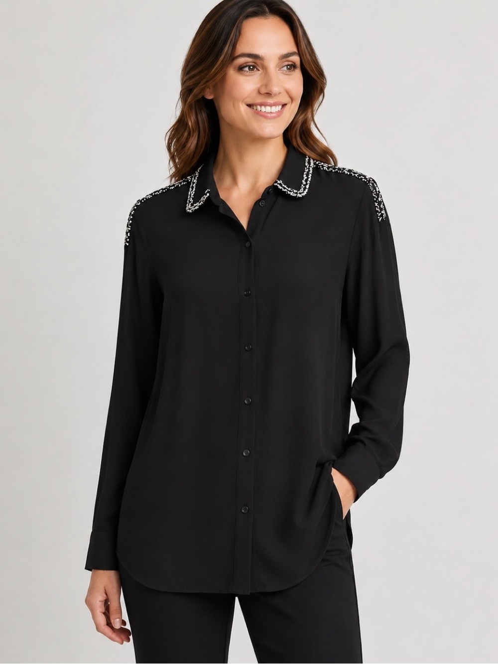 Ellen Tracy Black Beaded Collar Button-Up Blouse Long Sleeve Sheer sz S Career